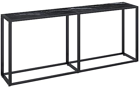 HETFTJN Table Console 180x35x75,5 cm Effet Marbre Noir en Verre Trempé, Grande Table d'Appoint Moderne avec Structure en Acier pour Entrée et Salon, Meuble Robuste et Stable