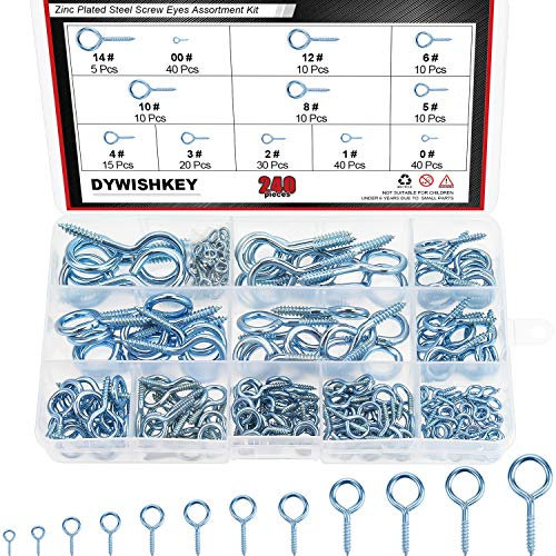 DYWISHKEY 240PCS 12 Sizes Blue Zinc Plated Steel Screw Eyes Assortment Kit