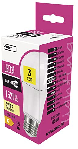 EMOS LED Lampe A60, 13,2 W Ersatz für 100 W Glühbirne, E27 Sockel, Helligkeit 1521 lm, Warmweiß 2700 K, 30000 Stunden Lebensdauer, CRI min. 80, 180° Abstrahlwinkel