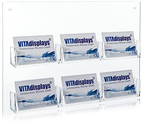Hochwertiger, glasklarer Visitenkartenhalter - Made in Germany - aus original PLEXIGLAS mit 6 Fächern zur praktischen Wandmontage. Optimal als Visitenkarten-Display für Gastronomie, Laden, Messe, Büro