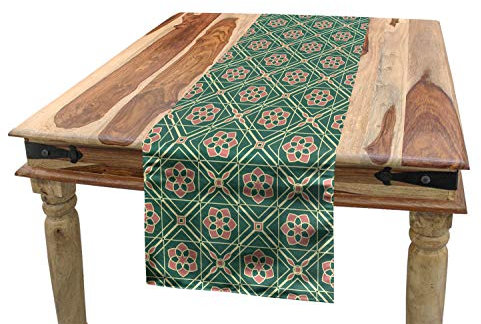 ABAKUHAUS Mandala Tischläufer, floral Osten, Esszimmer Küche Rechteckiger Dekorativer Tischläufer, 40 x 180 cm, Jadegrün Hellrosa