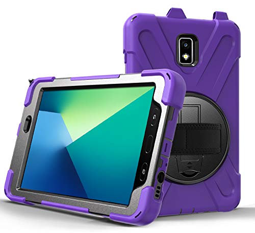 K LAKEY Case for Samsung Galaxy Tab Active 2 2019 8 Inch SM-T390/T395,Kickstand with 360 Degree Rotatable 3 Layer Hybrid Heavy Duty Shockproof Hand Strap and Shoulder Strap Purple