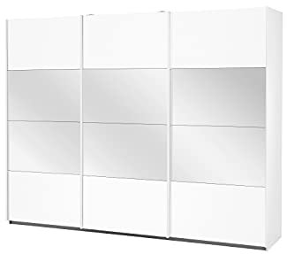 Rauch Möbel Quadra Kleiderschrank, Schwebetürenschrank, 3-türig, mit Spiegel, inkl. Zubehörpaket Classic mit 3 Kleiderstangen, 5 Einlegeböden und 1 Hakenleiste, Farbe Alpinweiß, BxHxT 271x210x62cm