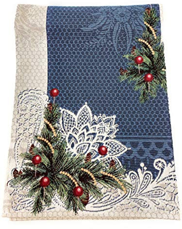EmilyHome Weihnachtliche Tischdecke, Gobelin-Stoff, gerahmt, Art. Cher Noel mit Lurex (ohne Servietten) (Blau, rechteckig x 12 Plätze, 140 x 260 cm)