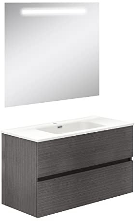 Baikal Mueble de Baño Dos cajones, suspendido a la Pared con Lavabo. Melamina 16. Mueble montado. Mueble de 100cm Ceniza con Espejo con Luz Led