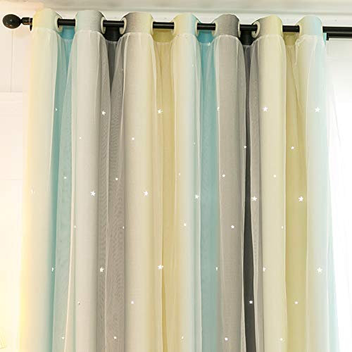 Michorinee Vorhang Kinderzimmer Farbverlauf Hohle Sterne Verdunkelungsvorhang Prinzessin Blickdicht Gardine Kräuselband Ösenschal Voile Blau Grau Gelb für Mädchenzimmer, 1 Stücke 158 × 132cm (H × B)