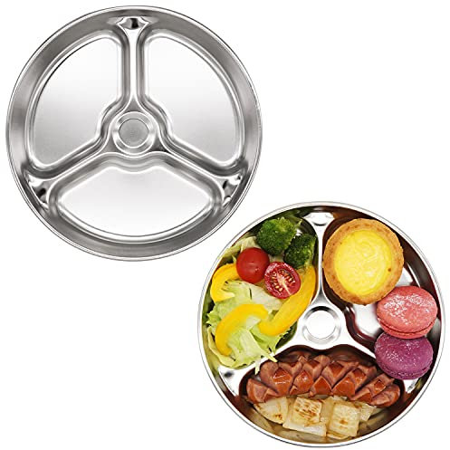 Korean Stainless Steel Divided Round Plates, Little Kids Toddlers Babies Tray, BPA Free, Diet Control, Camping Dishes, 8 Inch Compact Serving Platter, 3 Compartment Plate, Set of 2