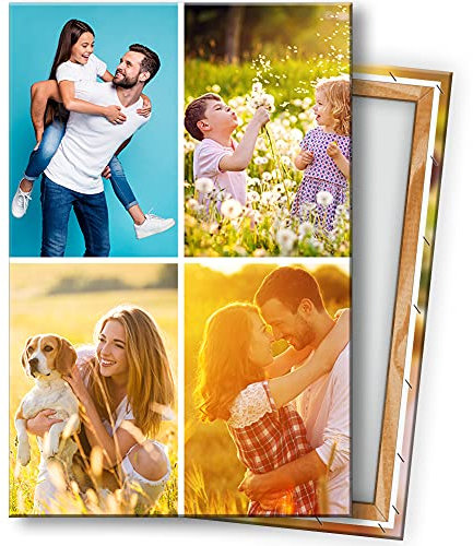 Kunstlab Fotocollage. Deine 4 Fotos auf Leinwand 40x60 cm Hochformat. Echtholz Keilrahmen. Personalisierbar. Fotogeschenk selbst gestalten. Sofort hochladen.
