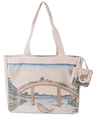 CoolChange Shopper Tasche mit japanischem Ukiyo-e Motiv | Katsushika Hokusai Tote Bag | 35x40cm | Baumwolle | Motiv: Unter der Mannen-Brücke in Fukagawa
