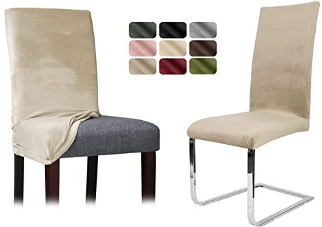 BEAUTEX Stuhlhussen Sets, Samt Mikrofaser Stuhlbezug, elastische Stretch Husse, Set -Größe und Farbe wählbar (Natur 8er Set)