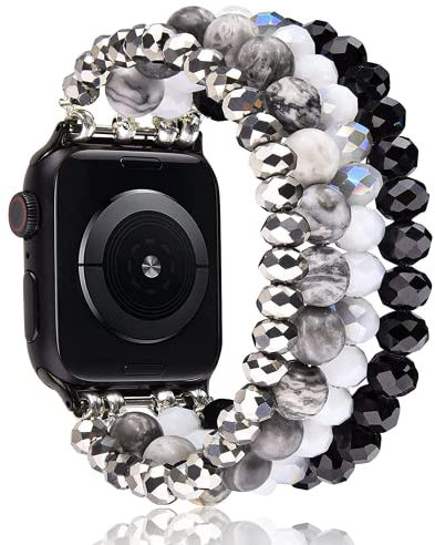 VISOOM Armband Kompatibel mit Apple Watch 38mm/40mm/41mm Glitzer Schmuck Perlen Elastisch Ersatz iWatch Armband für Series 9 8/7/SE/6/5/4/3/2/1 Damen, Schwarz/Grau