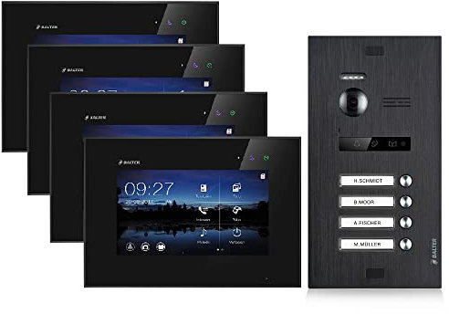 BALTER EVO Video Türsprechanlage, Touchscreen, 7 Zoll Monitor Schwarz, Türstation für Mehrfamilienhaus Schwarz, 2-Draht BUS, 150° Weitwinkel-Kamera (4 Familienhaus (4 Klingel), Ohne App)