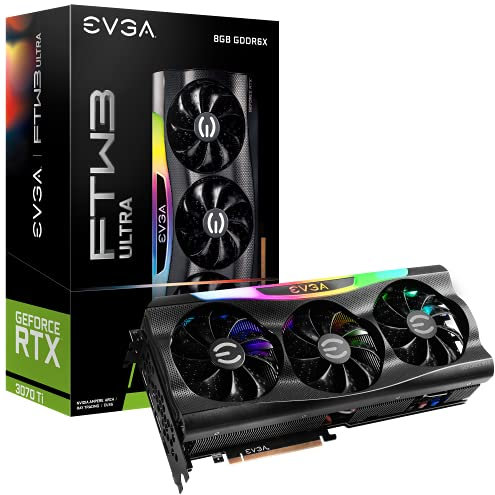 EVGA GeForce RTX 3070 Ti FTW3 Ultra Gaming, 8GB GDDR6X, 19000MHz Memory, 1860MHz GPU, 3 Fans, ARGB LED, Metal Backplate, PCIe 4.0, DisplayPort, Desktop Compatible