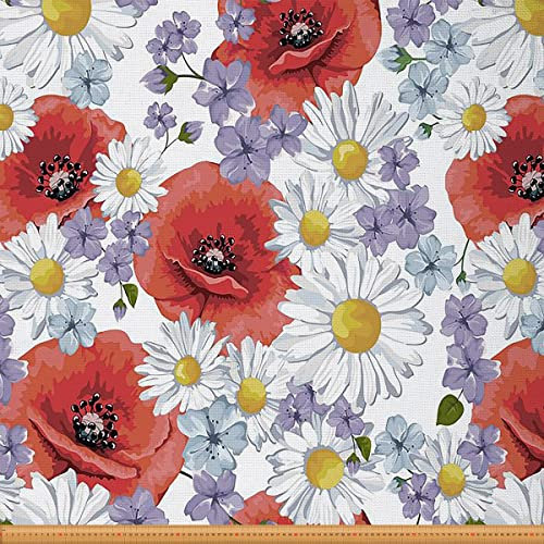 Gänseblümchen Stoff Meterware Mohnblumen Polsterstoff für Stühle Lila Blumenstoff Schicker Botanischer Garten Dekostoff für Drinnen und Draußen Diy Wasserdicht Rot Weiß 920 x 150 (HxB)