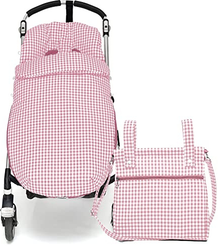 Conjunto de Saco Silla de paseo Universal + Bolso Panera – Conjunto Saco Universal + Talega o bolsa para carrito bordada con nombre – Vichy Rosa Maquillaje– Nenel