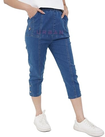 URBAN STITCH Womens Capri Trousers Ladies Three Quarter Soft 3/4 Cropped Jeans UK Ladies Stretch Pull on Trousers Elasticated Waist Plus Size Jeans Shorts. (26, Jeans Blue)