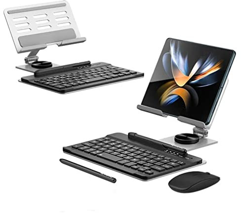Galaxy Z Fold 4/Fold 5 Wireless Keyboard+Bluetooth Mouse+Pencil +Rotating Keyboard Stand Compatible for Samsung Galaxy Z Fold 4/Fold 5 Keyboard and Mouse Set with Pen + Stander (Silver)
