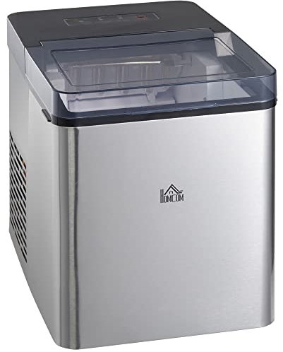 HOMCOM Máquina para Hacer Hielo Máquina de Hielo Doméstico Cubitos de Hielo en 6-12 Minutos Capacidad 15 kg en 24h 2 Tamaños de Cubitos Tanque de Agua 2,1 L 25,2x37,5x31,2 cm Negro