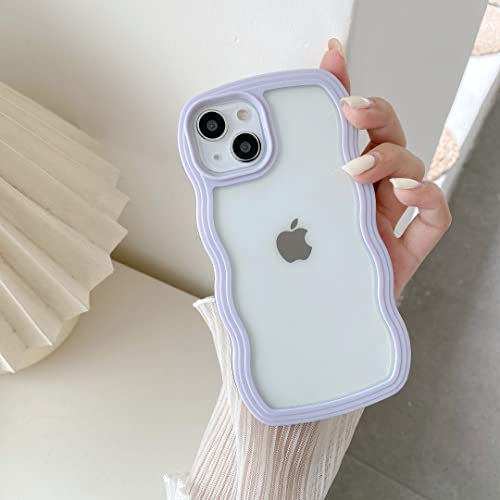QLTYPRI Compatible with iPhone 13 Case/iPhone 14 Case, Cute Curly Wave Frame Clear Case for Girls Women, Transparent Soft Silicone TPU Bumper Shockproof Protective Phone Cover - Purple