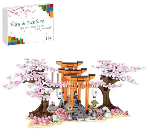 Sakura Baum Bausteine mit Minifiguren Bausatz, 647+ Klemmbausteine Modular Japanische Kirschblütenbaum Modellbausatz mit Bauplatten und Licht, Konstruktionsspielzeug für Großen Marken Baumhaus