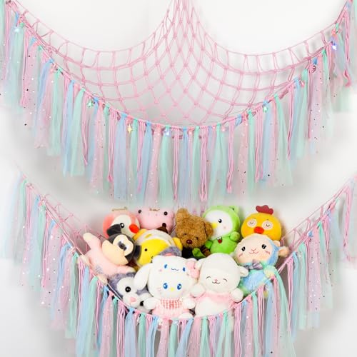 YELIENM Stofftier-Netz oder Hängematte mit LED-Licht, 150 cm Spielzeug-Hängematten-Netz zum Aufhängen von Stofftieren, Eck-Aufbewahrung, Stofftier-Halter für Kinderzimmer, Kinderzimmer (rosa)
