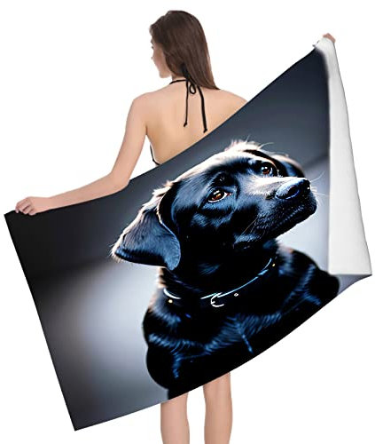 Mikrofaser Strandtuch Labrador Schwarz 70x150 cm, 3D Hundemotiv Badetuch für Erwachsene Kinder Weiches Leicht Handtuch Schnelltrocknend Sandfreies Strandhandtuch