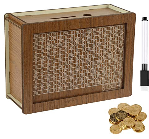 Wooden Money Box With Counter, Piggy Bank Wood Reusable Wooden Money Jar, Money Saving Box With Erasable Pen Money Saving Bank Help Budget Boxes For Adults Kids (10000)