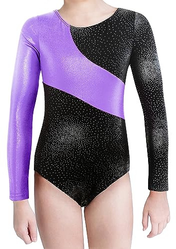 XiaoMoSha Gymnastics Leotards for Girls Long Sleeve/Sleeveless Dance Leotard Sparkle Ballet Dancewear for Kids,Black Purple,2-3 Years