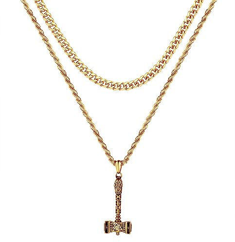 JewelryWe Wikinger Thors Hammer Valknut Kette Herren - Gold Edelstahl Mjolnir Anhänger Viking Thor Hammer Vegvisir Halskette Geschichtete Doppelschichtige Panzerkette Twisted Kette für Männer