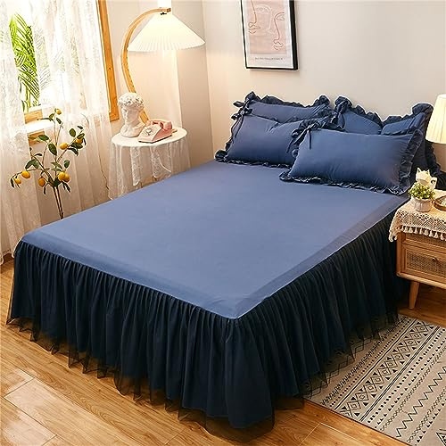 Odot Solide Farbe Bettrock Rüschen, Spannbettlaken mit Volant Elastische Bettvolants Matratzenschoner Spannbetttücher Spannbetttuch Bettlaken für Boxspringbetten (150x200cm,Navy blau)