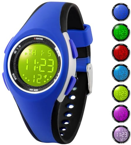 GUUMUXIN Relojs Niños, Reloj Niños 7 Colores Niños Niñas, Reloj Muñeca Niños, 50 M Impermeable Deportes al Aire Libre Relojes Digital Niños, Relojs de Muñeca para Niños Adolescentes Junior Watch(Azul)
