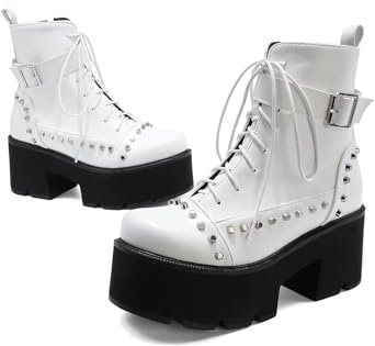 Gotico Punk Stivaletti Platform per Le Donne Tacco Spesso Fibbia dei Lacci Stivali Biker,Bianca,37 EU