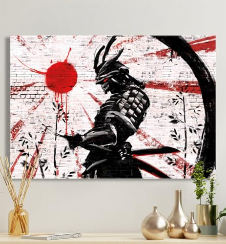 MyMaxxi - Premium Leinwandbild auf Keilrahmen Samurai Illustration Wandbild Design Wand Dekoration, Gemälde schwarz weiß rot Leinwand - Samurai, Groesse_leinwand:80x120 cm