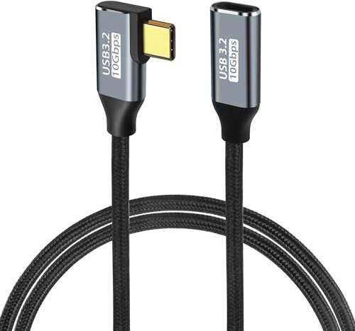 GELRHONR 90 Degree Elbow USB C Extension Cable, 10Gbps USB3.2 Gen2 Cable, Right Angle Type C Male to Female Extender 100W/5A Fast Charging Nylon Braided Cord for USB C Devices (1M/3.2Ft)