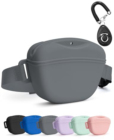heouvo Dog Treat Pouch with Training Clicker, Upgrade Stronger Magnetic Closure to Avoid Spilling, 1.67 Cup Silicone Treat Bag Fanny Pack with Waist Belt for Pet Training Walking (Gray)