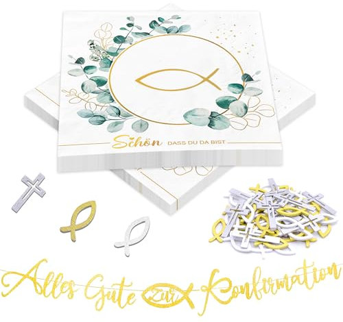 Kommunion Konfirmation Servietten Deko Girlande - 91Stück Konfirmation Tischdeko Servietten Schön dass Du Da Bist Grün Eukalyptus Holz Fisch Kreuz Dekoration Alles Gute Zum Konfirmation Banner