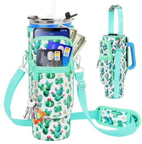 Water Bottle Carrier Bag with Phone Pocket Compatible for Stanley,Meoky 40 oz Tumbler with Handle,Neoprene Water Bottle Holder Pouch with Adjustable Strap Compatible for Stanley Cup Accessories