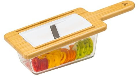 HENSSLERS® Obst - und Gemüsehobel [4 MESSER EINSÄTZE]- Gemüsereibe aus Bambus & rostfreiem Edelstahl - Gemüsehobel & - schneider - Küchenhobel & reibe mit Behälter - Gemüseschneider - Vegetable Slicer