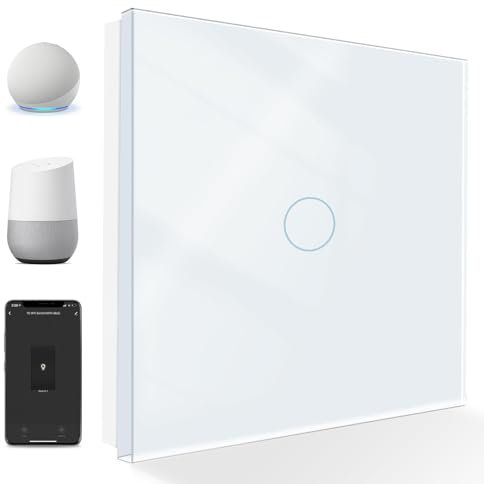 PANGTZEEN Smart Alexa Lichtschalter 1 Fach 1 Weg 2.4GHz Alexa Google Home Unterstützung Tuya APP Sprachsteuerung Gehärtetem Glas Touch Rahmen Wand Schalter Unterputz Weiß (Neutralleiter Erforderlich)