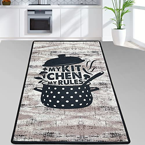 miqna Teppich Moderner Küchenteppich Gel Läufer Küchenläufer Grau Weiß Schwarz mit rutschfestem Bodenmuster mit Schriftzug Coffee Macchiato (Catinus, 80 x 300 cm)