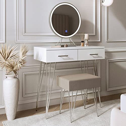 FABS Dressing Table Set - Olivia White Vanity Desk with Mirror and Drawers and Metal Legs, Padded Stool - Modern Compact Design Makeup Desk with Mirror Touch Sensor LED Lights and 2 Large Drawers