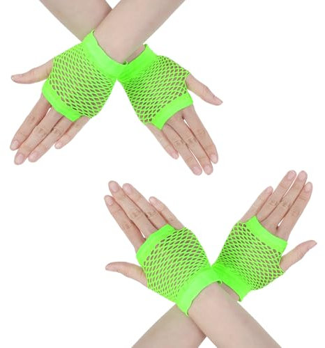 Mabor 2 Paar Grüne Fingerlose Handschuhe,Kurze Elastische Neon Party Netzhandschuhe Neon Grün 80er 90er Jahre Accessoires Cosplay und Damenkostüm Accessoires 80er 90er Jahre Outfit Damen