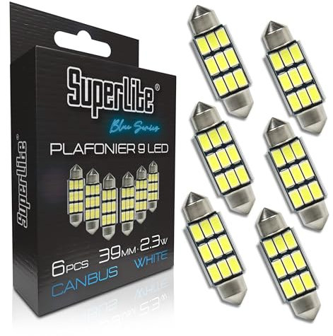 Superlite Set di 6 lampadine da soffitto a 9 Leds, 39 mm 2,3W della gamma Blue Series. Tecnologia CanBus a luce bianca. Ideale per auto e camion.
