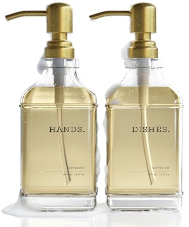 GREYMOUNT ® Glas Seifenspender Set Gold - 2er Pack 500ml | Edelstahl-Pumpspender für Flüssigseife | Spülmittelspender für Küche | Handseifenspender für Bad inkl. 6 wasserfeste Etiketten