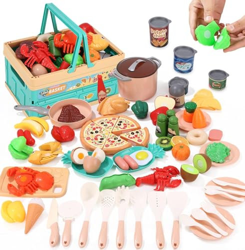 TIDEVAN Accesorios de Cocina Juguete, Comida para Cortar, Utensilios y Cubiertos, Juego de Rol Infantil Con Cesta