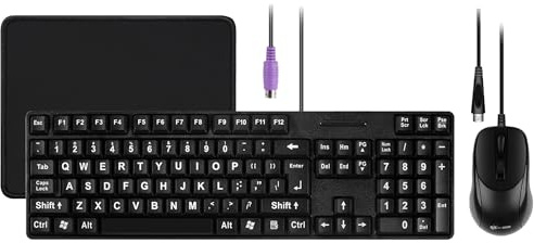 MCSaite - Tastiera e mouse con cavo PS2, 104 tasti, con lettere grandi