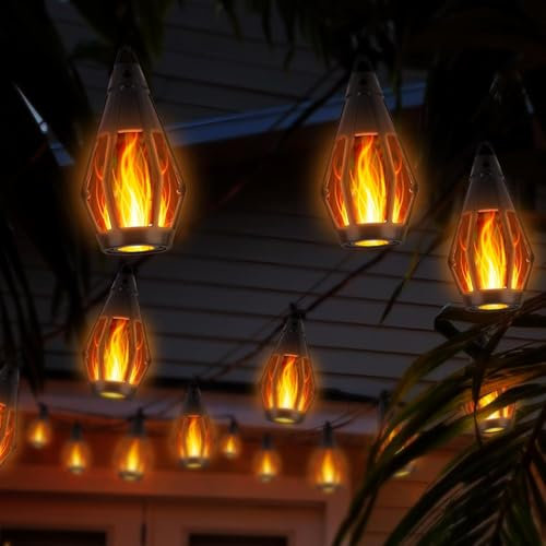 Solar Flammen Lichterkette Aussen - 12,6M 15 LED Lichter Outdoor Solar-Lichterkette Außen für Garten Terrasse Balkon, Partys Dekoration