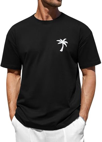Svanco Herren Sommer Oversize T-Shirt, Baumwolle Locker Kurzarm Shirt, Palm Gemustert Casual Top mit Rundhal