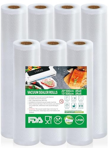 Votoko Sac Sous Vide Alimentaire, 3 Rouleaux 15 x 300 cm + 4 Rouleaux 20 x 300 cm, pour Machine Sous Vide des Aliments et la Cuisson, 190 µm, Sans BPA