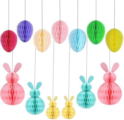 Ompinda Oster-Wabenbälle, bunt, pastellfarben, Ei und Hase, 3D-Waben-Papierbälle, DIY-Osterdekoration für Zuhause/Büro, Klassenzimmer, Osterdekoration, 13 Stück